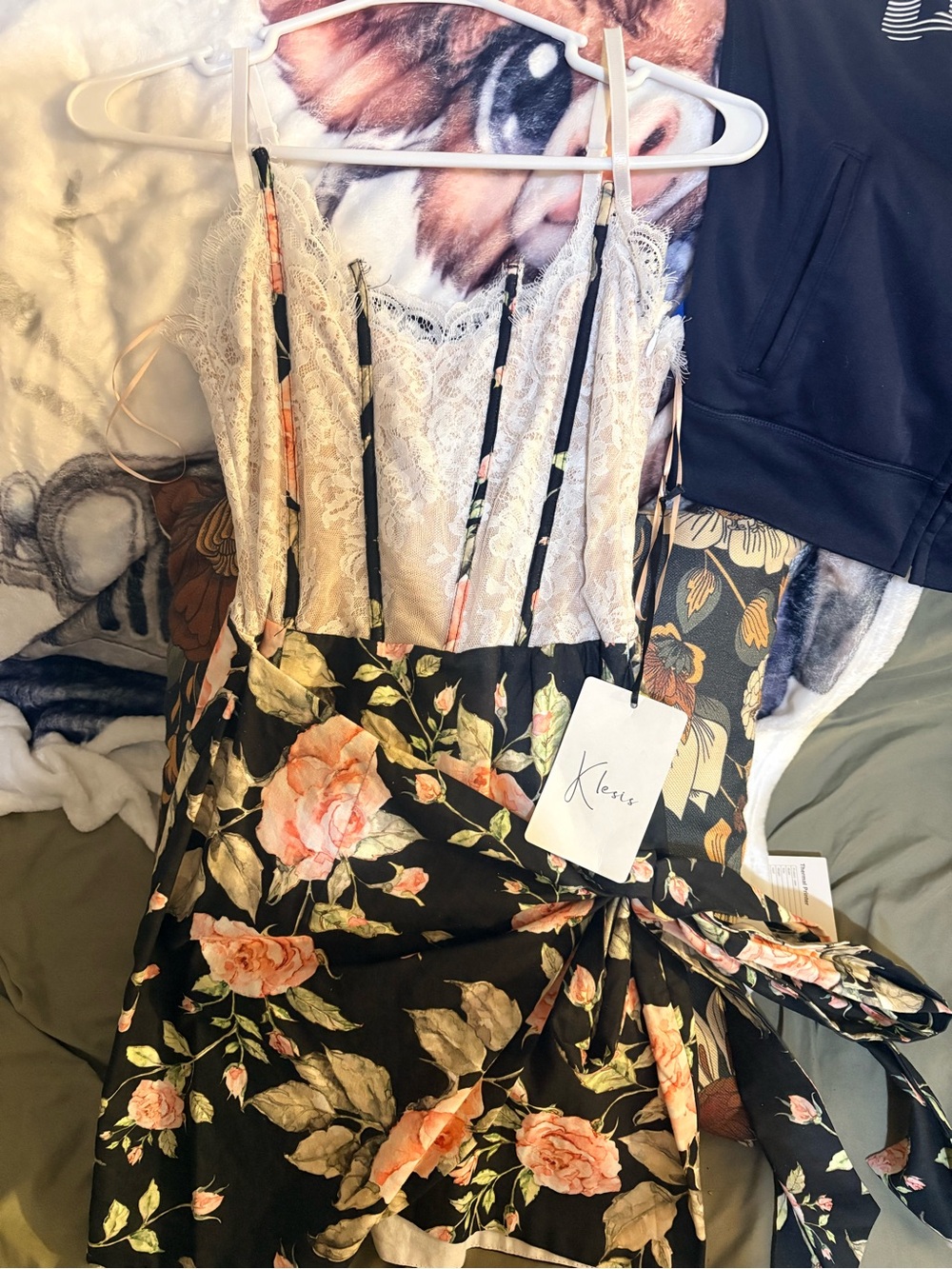 Floral Lace Trim Black & Peach Slip Dress